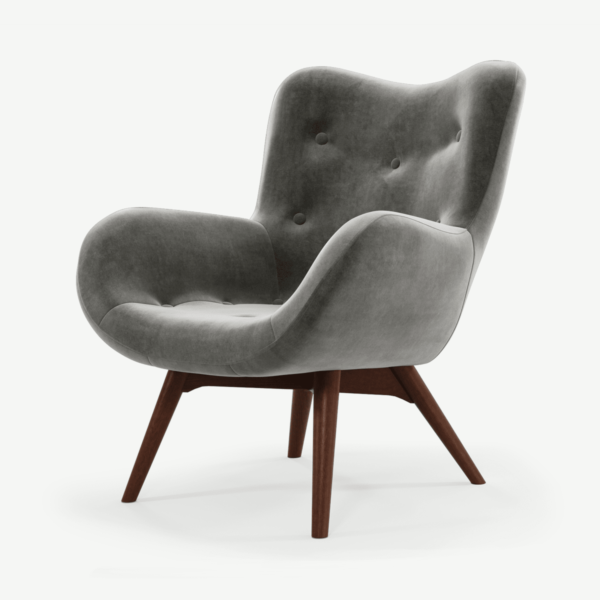 Doris Accent Armchair, Steel Grey Velvet Fabric with Dark Wood Legs