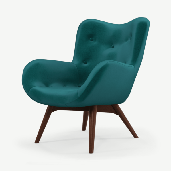 Doris Accent Armchair, Tuscan Teal Velvet Fabric with Dark Wood Legs