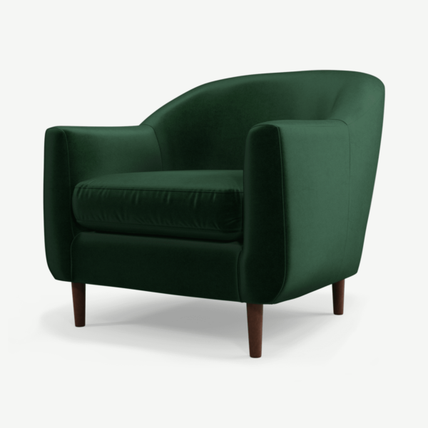 Tubby Armchair, Bottle Green Velvet Fabric with Dark Wood Legs