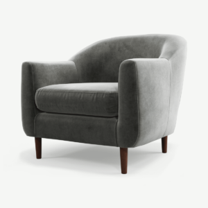 Tubby Armchair, Steel Grey Velvet Fabric with Dark Wood Legs