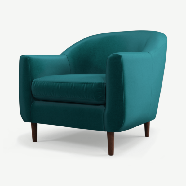 Tubby Armchair, Tuscan Teal Velvet Fabric with Dark Wood Legs