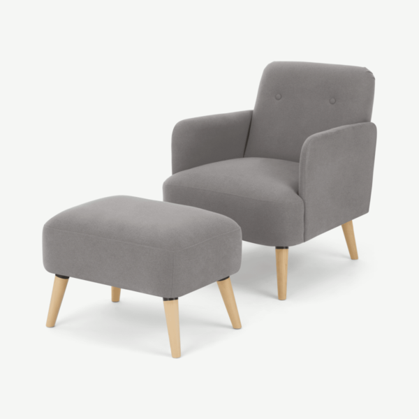 Elvi Accent Armchair & Footstool, Marshmallow Grey Fabric