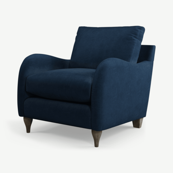 Sofia Armchair, Navy Blue Recycled Velvet with Light Wood Legs