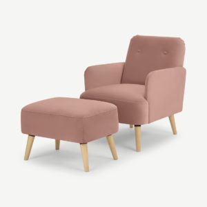 Elvi Accent Armchair & Footstool, Soft Pink Recycled Velvet