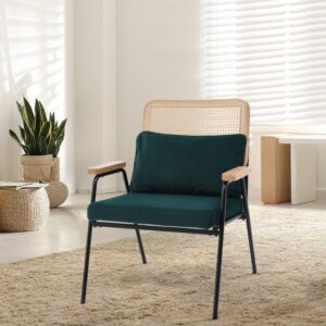 Green Upholstered Rattan Back Armchair with Metal Legs