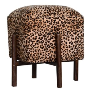 Clarkia Velvet Footstool In Leopard Print With Solid Wood Legs