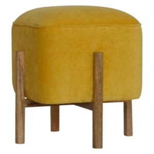 Clarkia Velvet Footstool In Mustard With Solid Wood Legs