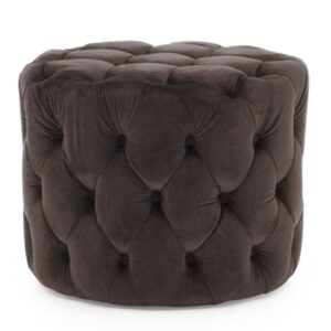 Perkin Round Upholstered Velvet Footstool In Navy